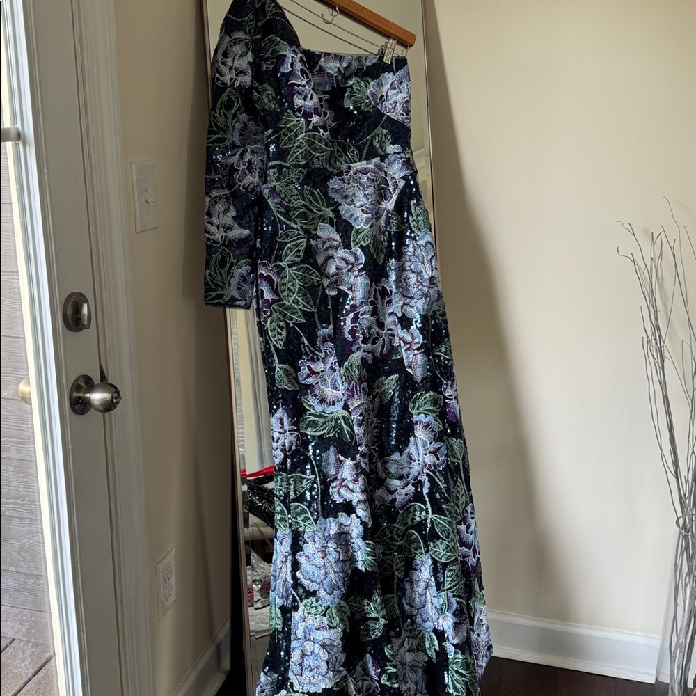 Marchesa Notte Navy, Purple and Green Floral, One Shoulder Gown